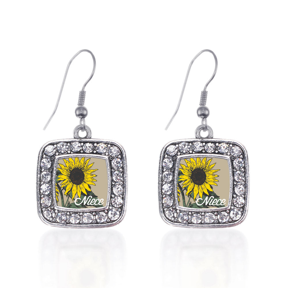 Silver Niece Sunflower Square Charm Dangle Earrings