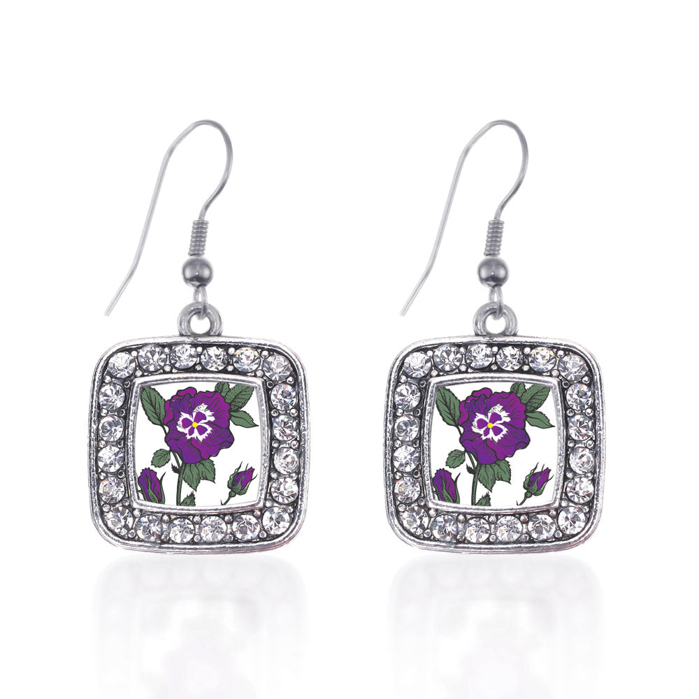 Silver Pansy Flower Square Charm Dangle Earrings