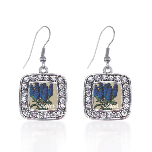 Silver Sister Delphinium Flower Square Charm Dangle Earrings