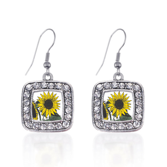 Silver Sunflower Square Charm Dangle Earrings
