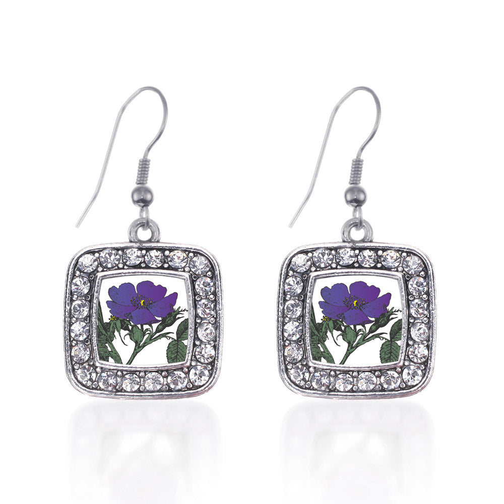 Silver Violet Flower Square Charm Dangle Earrings