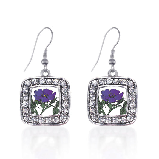 Silver Violet Flower Square Charm Dangle Earrings