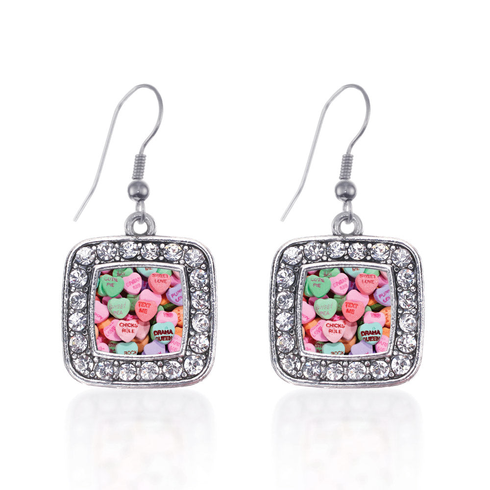 Silver Candy Hearts Square Charm Dangle Earrings