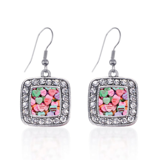 Silver Candy Hearts Square Charm Dangle Earrings