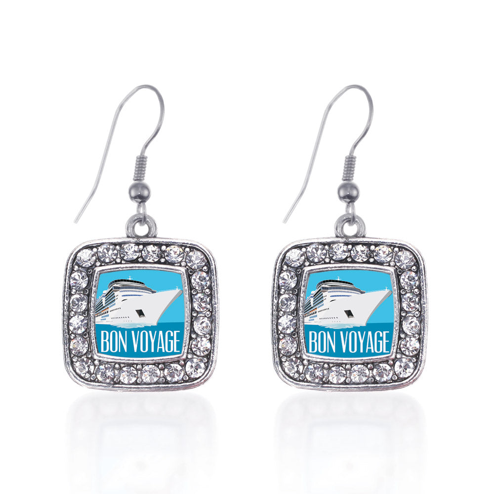 Silver Bon Voyage Cruise Square Charm Dangle Earrings