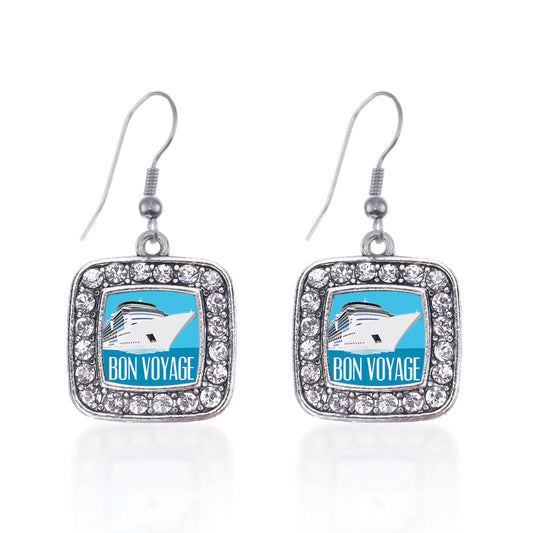 Silver Bon Voyage Cruise Square Charm Dangle Earrings