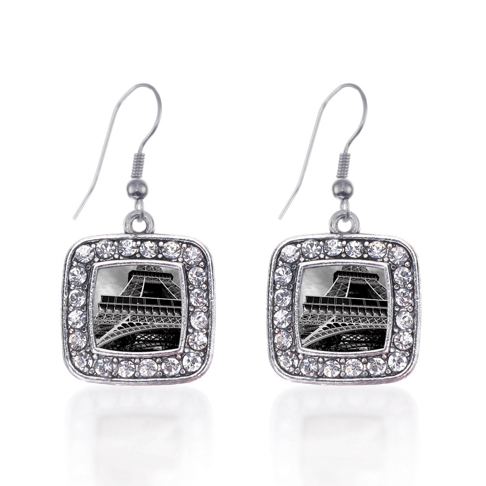 Silver Black and Grey Eiffel Tower Square Charm Dangle Earrings