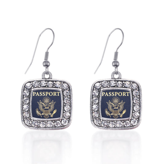 Silver Passport Square Charm Dangle Earrings
