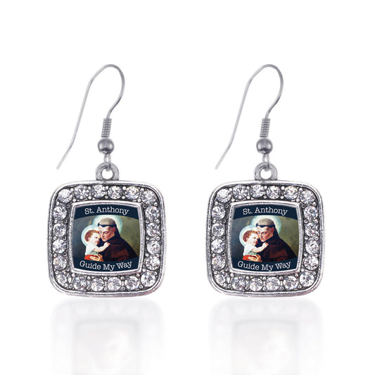Silver St. Anthony Square Charm Dangle Earrings