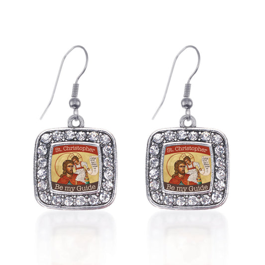 Silver St. Christopher Square Charm Dangle Earrings