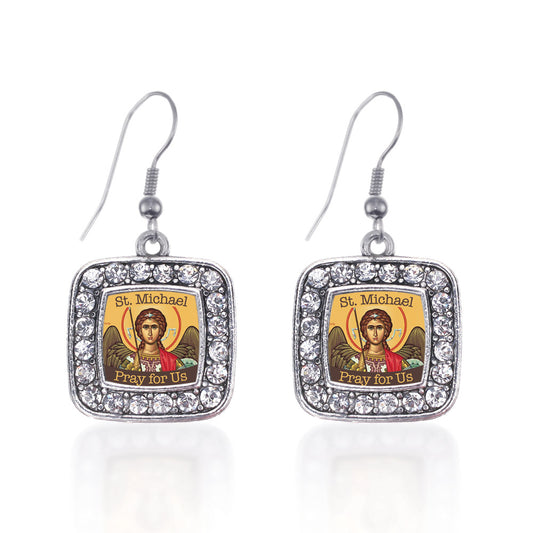 Silver St. Michael Square Charm Dangle Earrings