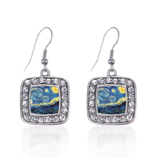 Silver Starry Night Square Charm Dangle Earrings