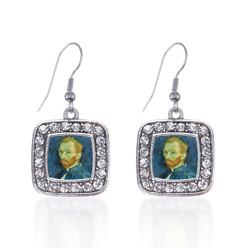 Silver Vincent Van Gogh Square Charm Dangle Earrings