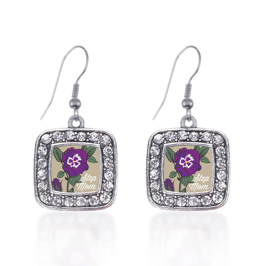 Silver Step Mom Pansy Square Charm Dangle Earrings