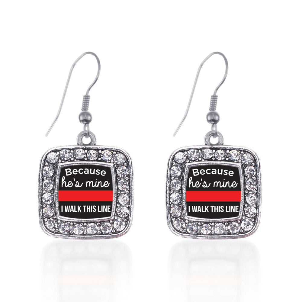 Silver Because He's Mine Red Line Square Charm Dangle Earrings
