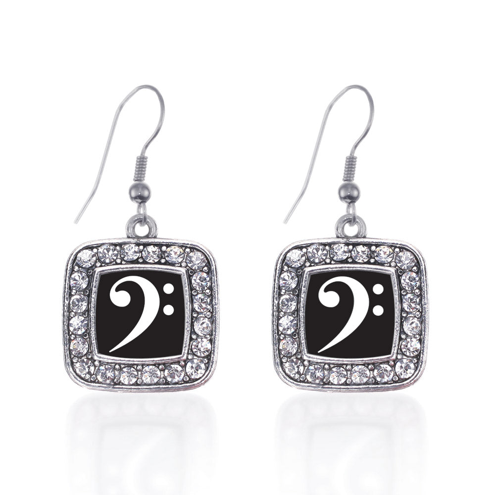 Silver Bass Clef Square Charm Dangle Earrings