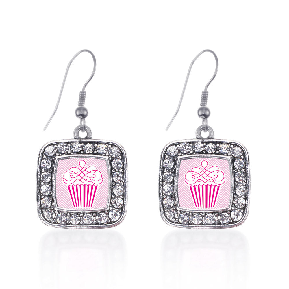 Silver Pink Chevron Cupcake Square Charm Dangle Earrings