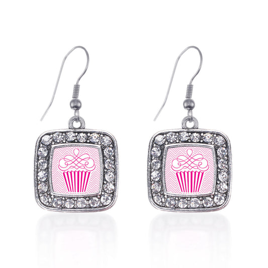 Silver Pink Chevron Cupcake Square Charm Dangle Earrings