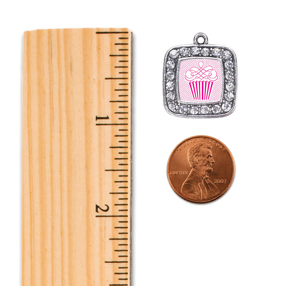 Silver Pink Chevron Cupcake Square Charm Dangle Earrings