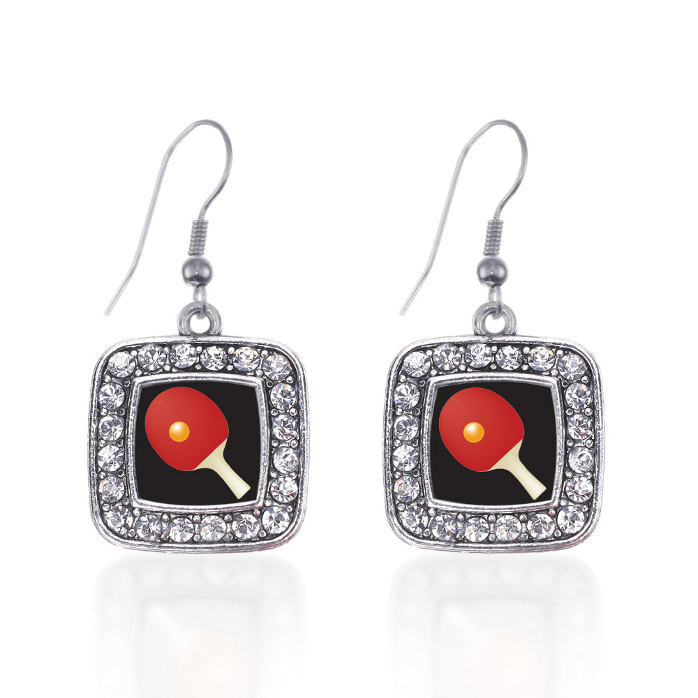 Silver Ping Pong Square Charm Dangle Earrings