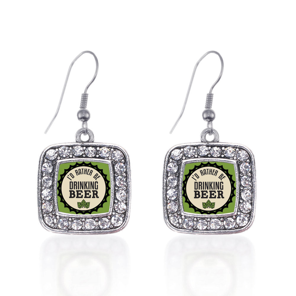 Silver I'd Rather Be Drinking Beer Square Charm Dangle Earrings
