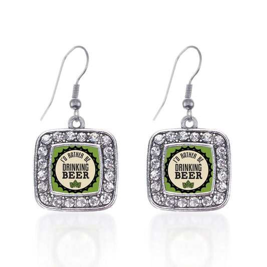 Silver I'd Rather Be Drinking Beer Square Charm Dangle Earrings