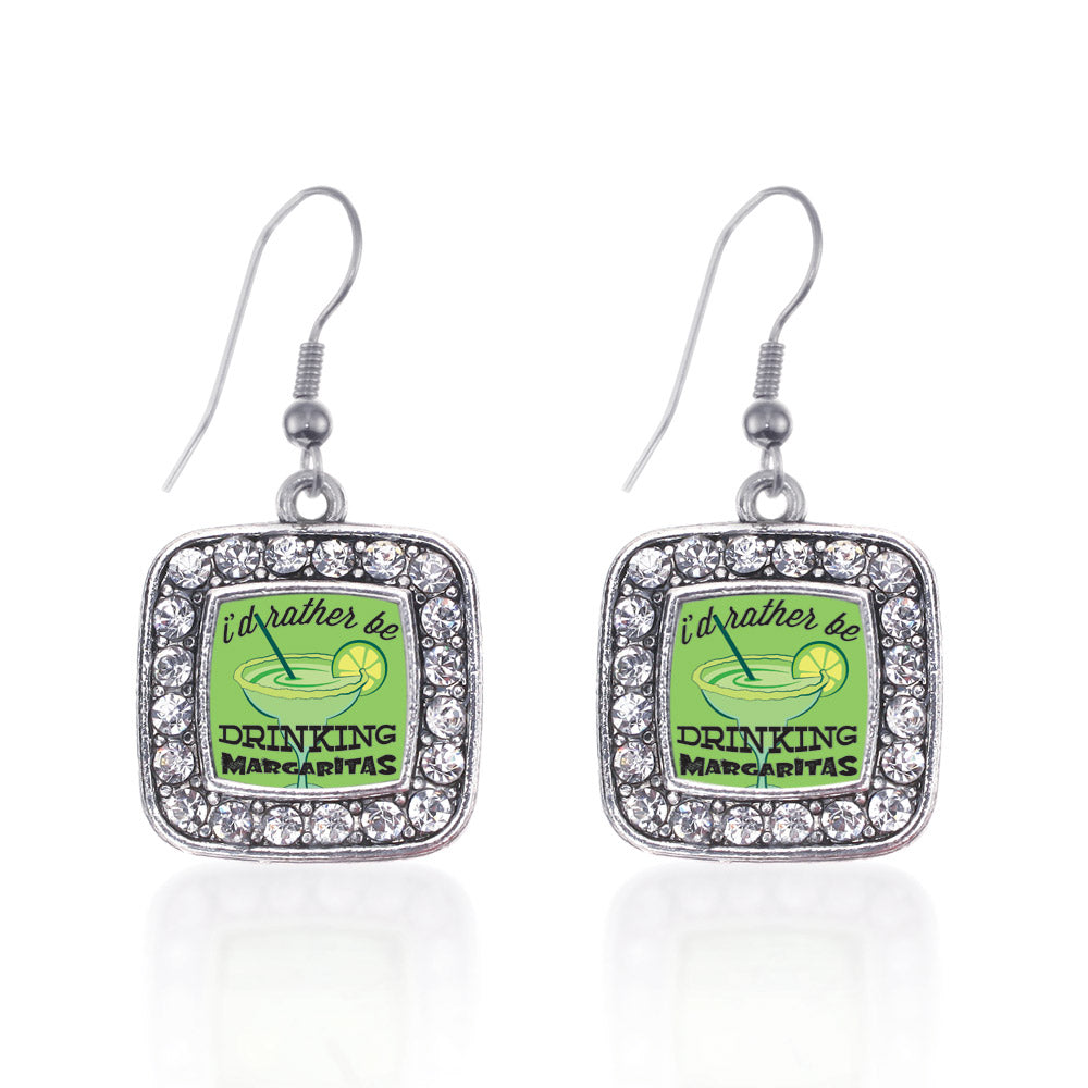 Silver I'd Rather Be Drinking Margaritas Square Charm Dangle Earrings
