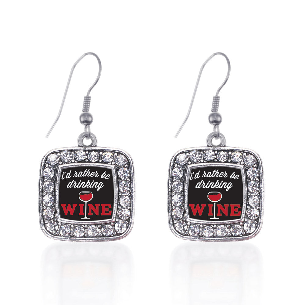 Silver I'd Rather Be Drinking Wine Square Charm Dangle Earrings