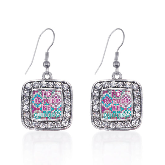 Silver I'd Rather Be Quilting Square Charm Dangle Earrings