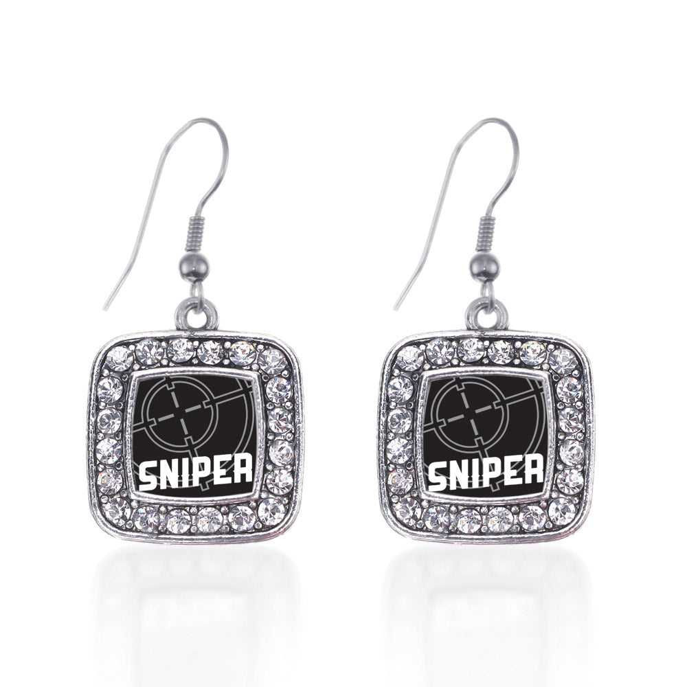 Silver Sniper Square Charm Dangle Earrings