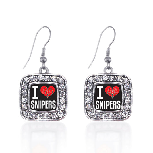 Silver I Love Snipers Square Charm Dangle Earrings
