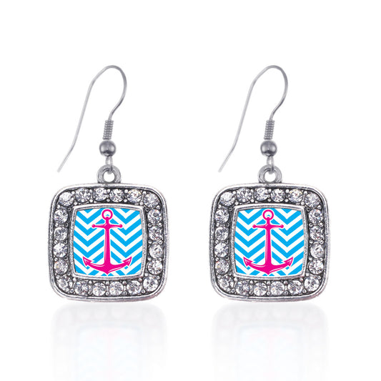 Silver Blue Chevron Pink Anchor Square Charm Dangle Earrings