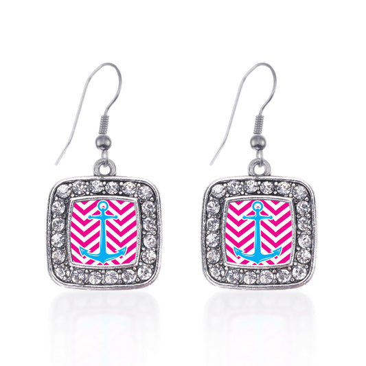 Silver Pink Chevron Blue Anchor Square Charm Dangle Earrings