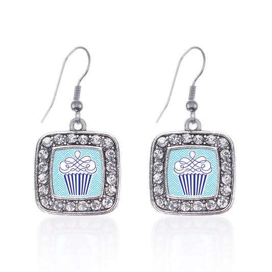 Silver Blue Chevron Cupcake Square Charm Dangle Earrings