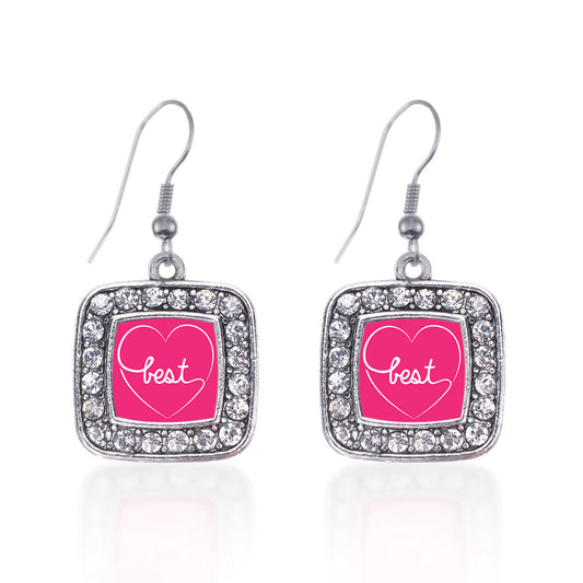 Silver Heart Best Square Charm Dangle Earrings
