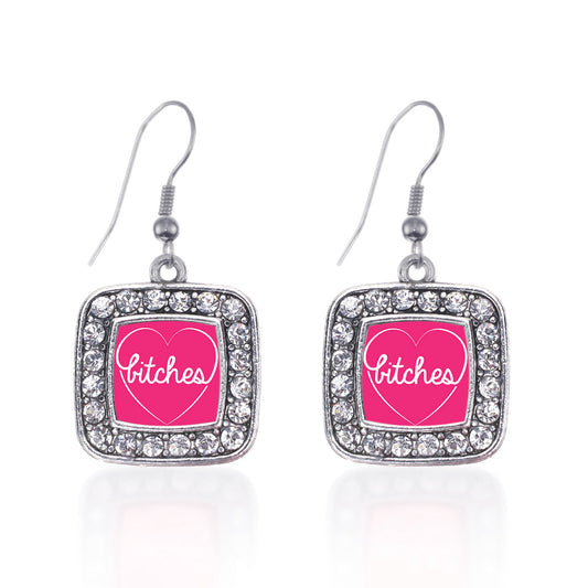 Silver Heart Bitches Square Charm Dangle Earrings