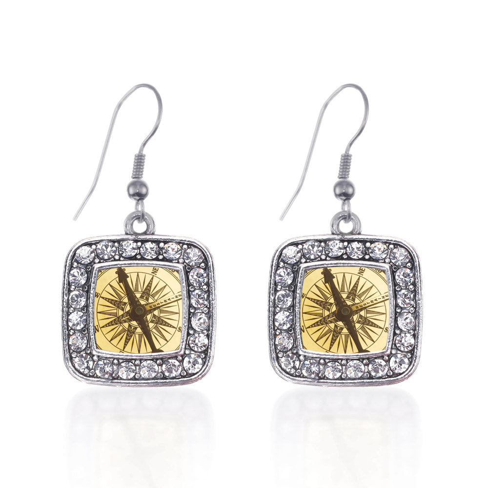 Silver Compass Square Charm Dangle Earrings
