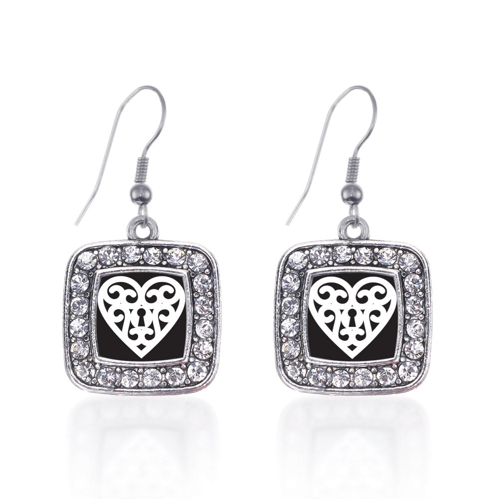 Silver Heart Shaped Lock Square Charm Dangle Earrings