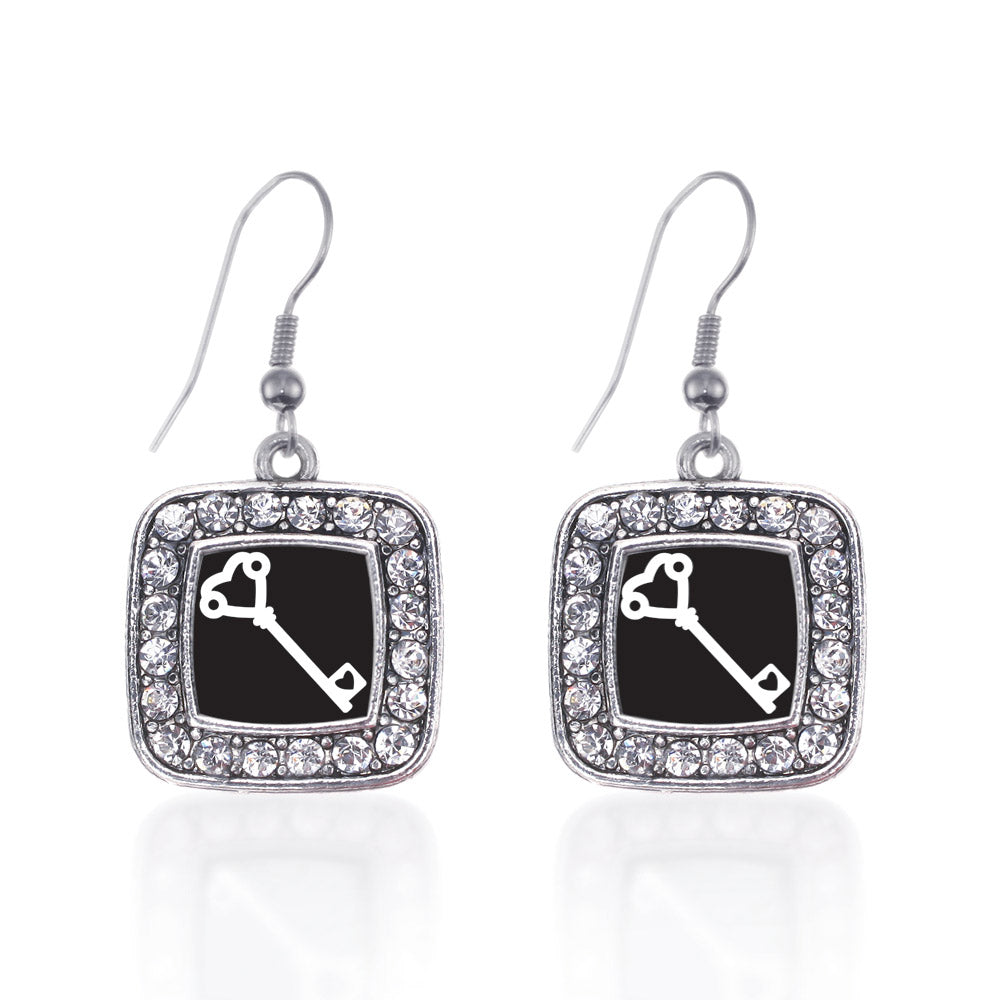 Silver Heart Shaped Key Square Charm Dangle Earrings