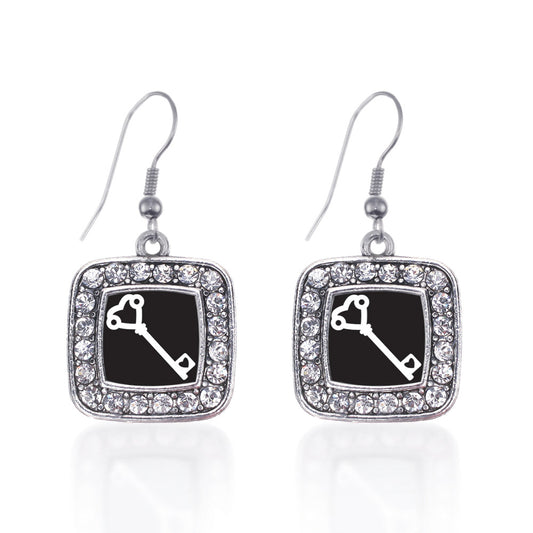 Silver Heart Shaped Key Square Charm Dangle Earrings