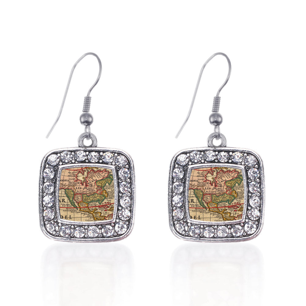 Silver Vintage Map Square Charm Dangle Earrings