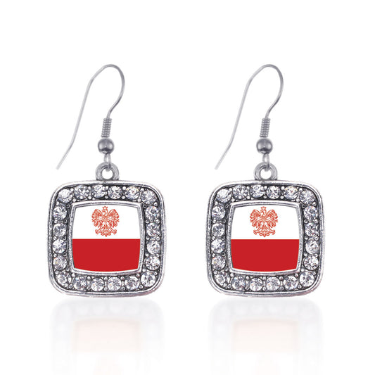 Silver Polish Flag Square Charm Dangle Earrings