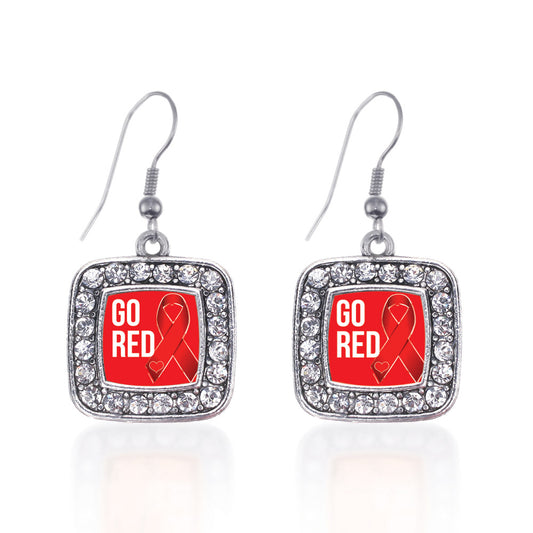 Silver Go Red Heart Disease Awareness Square Charm Dangle Earrings