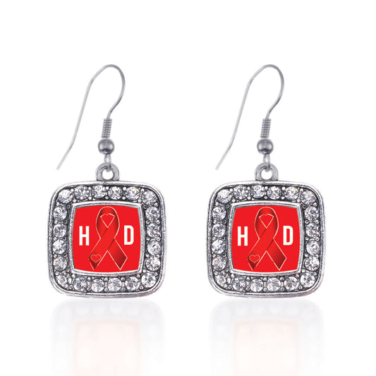 Silver Heart Disease Awareness Ribbon Square Charm Dangle Earrings