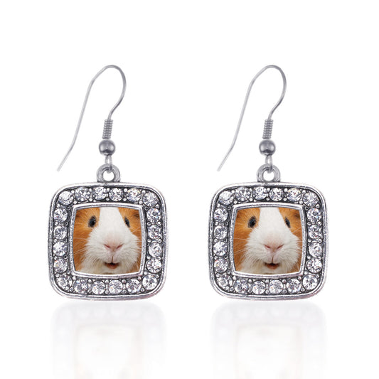 Silver I Love Guinea Pigs Square Charm Dangle Earrings