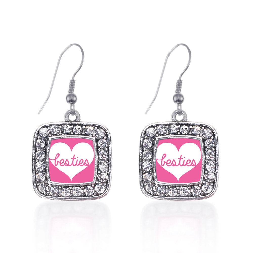 Silver Besties Square Charm Dangle Earrings