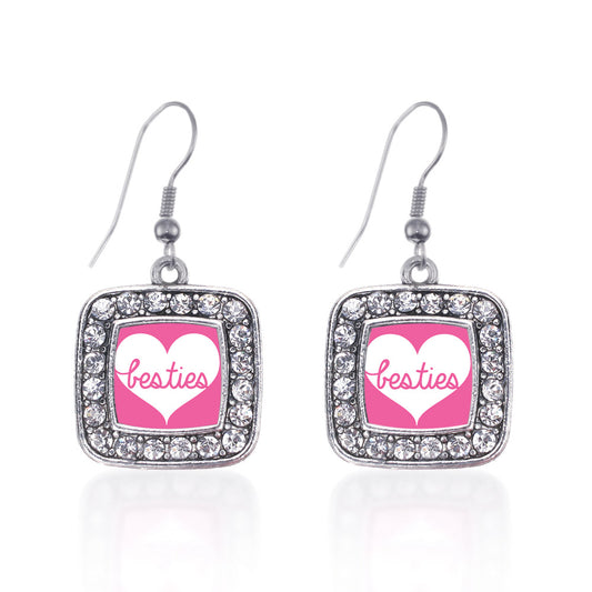 Silver Besties Square Charm Dangle Earrings
