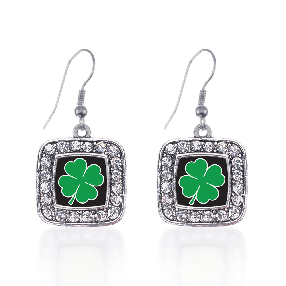 Silver Four Leaf Clover Square Charm Dangle Earrings