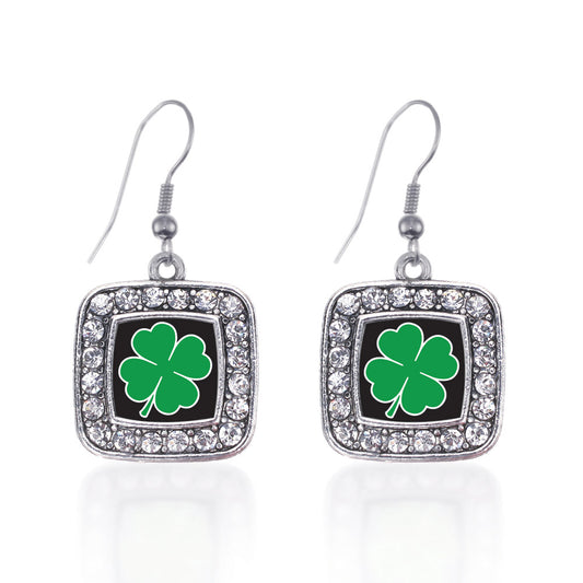 Silver Four Leaf Clover Square Charm Dangle Earrings