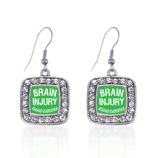 Silver Brain Injury Awareness Square Charm Dangle Earrings